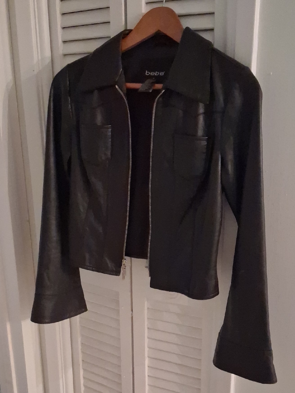bebe Black Genuine Leather Zip Front Jacket